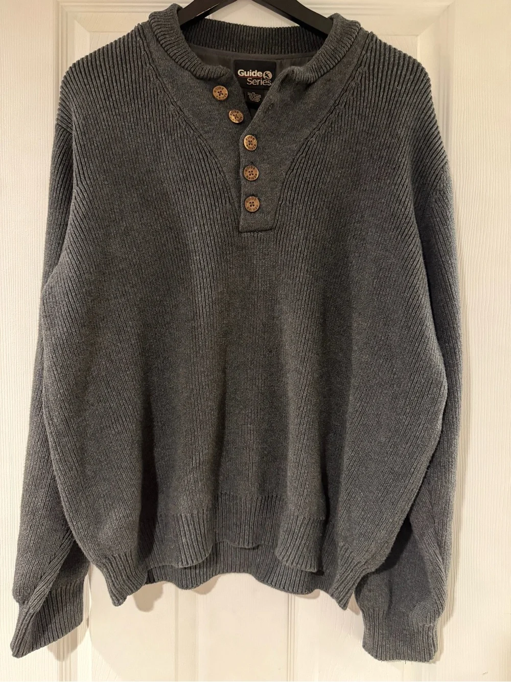 Guide Series Men's Charcoal Henley Heavy Cotton Crewneck Comfy Sweater, Size XL